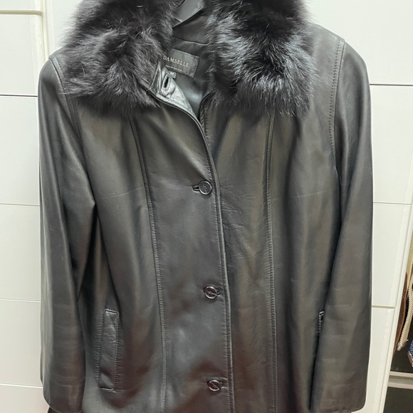 Damselle Black Leather Jacket with Fur Hood - Picture 5 of 7